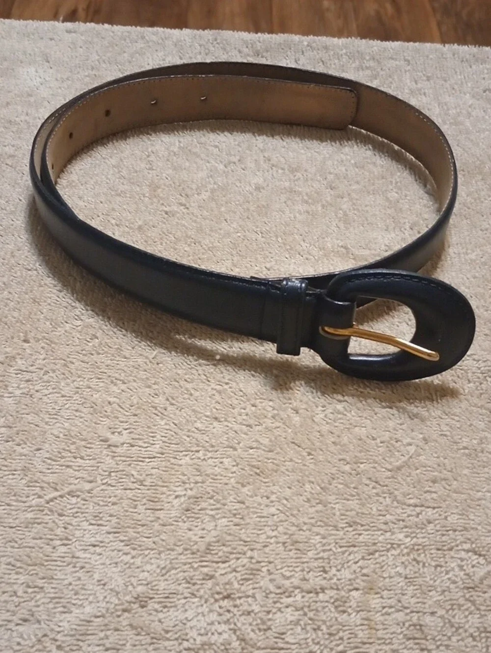 Dark Navy Black Leather Belt with Gold-Tone Buckle 34inches